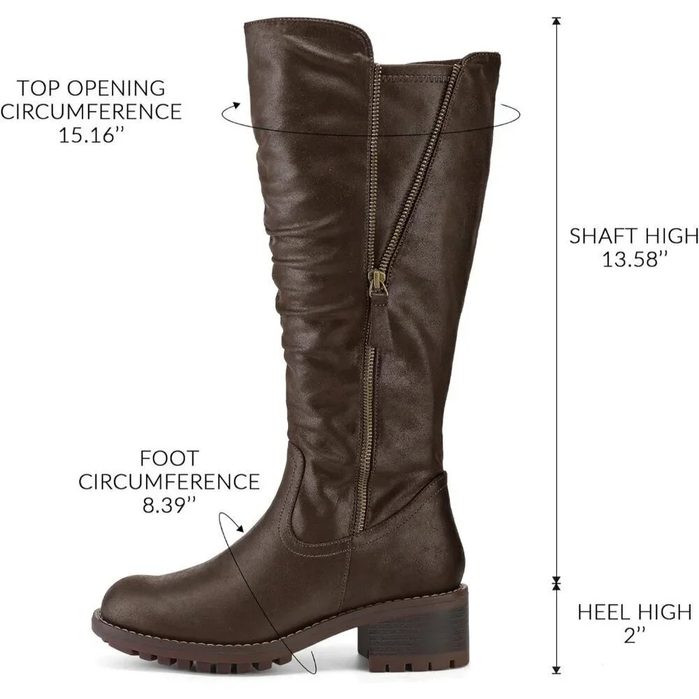 Women's Coffee Mysoft Knee High Boots Chunky Heel Lug Sole Side Zipper 2 Inch